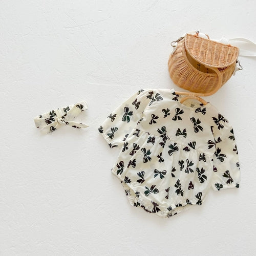 Baby Girl Bow-Tie Print Round Collar Round Collar With Headband