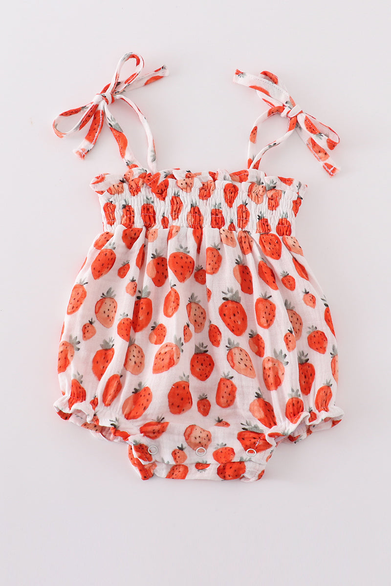 Premium Pink muslin strawberry smocked girl bubble