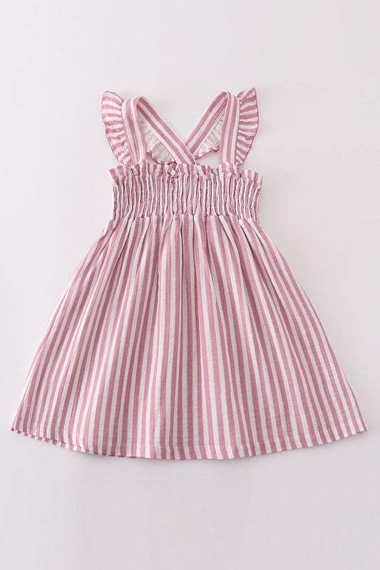 Premium Pink muslin stripe smocked ruffle dress