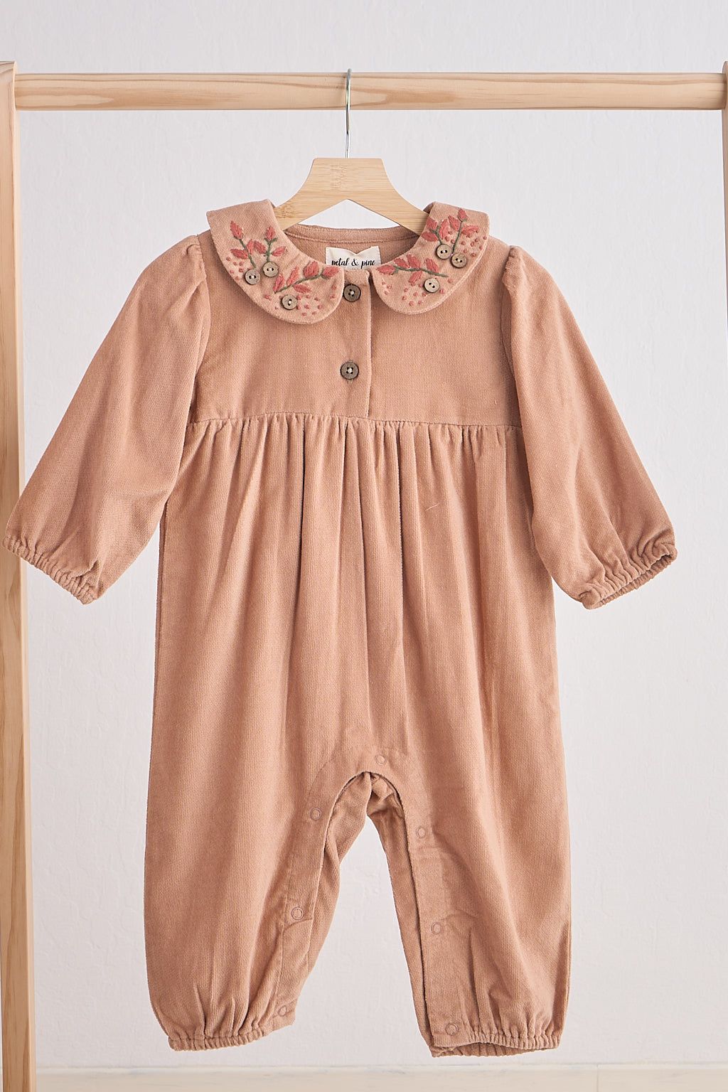 Beige floral embroidery velveteen girl romper