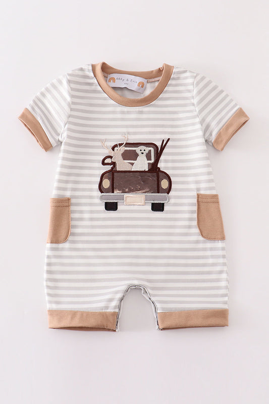 Brown stripe car hunting boy romper