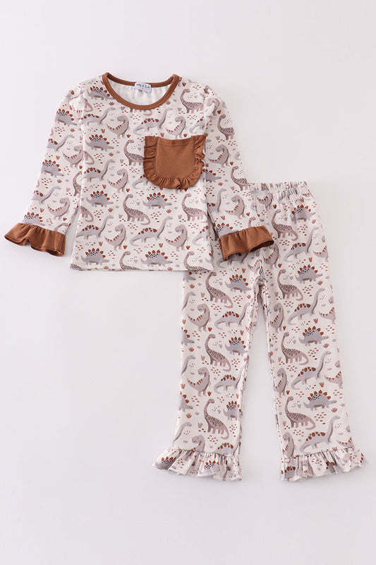 Brown dinosaur print girl set