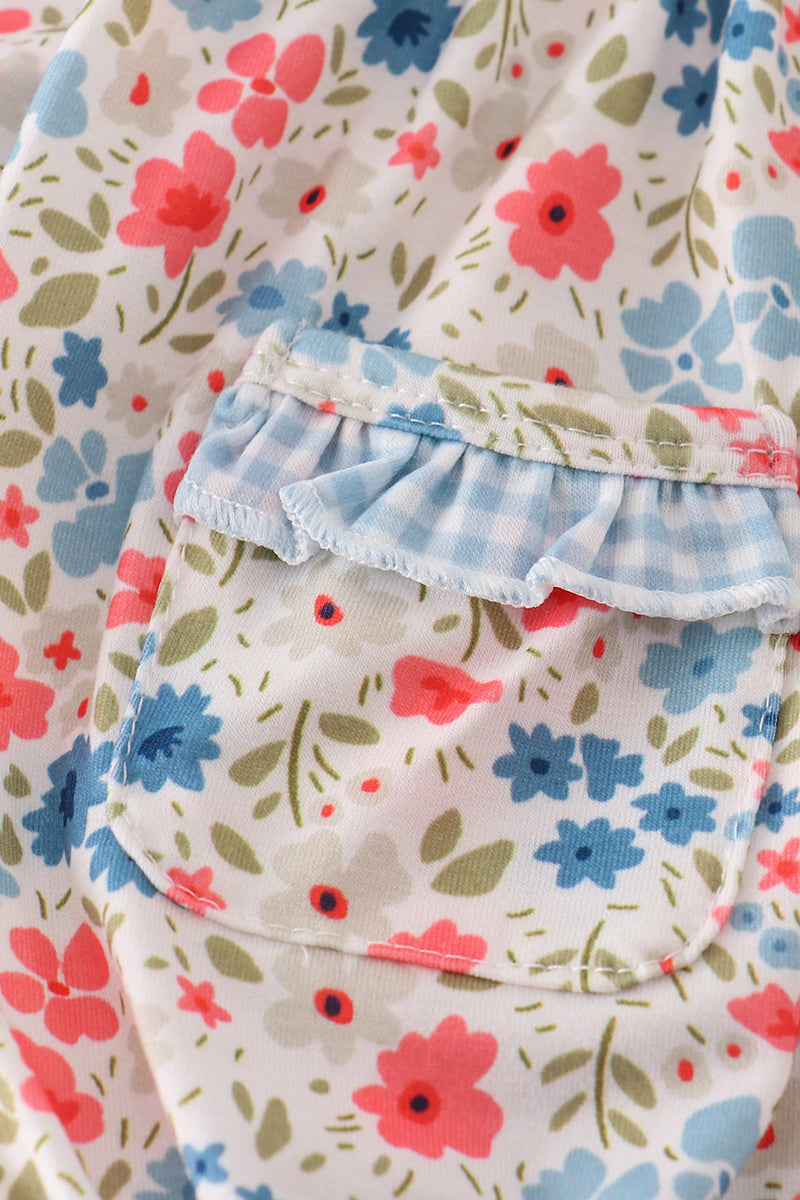 Pink & blue floral print ruffle bubble