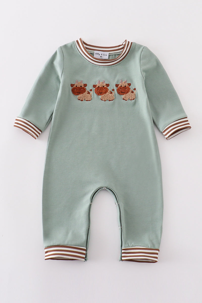 Green farm cow french knot romper