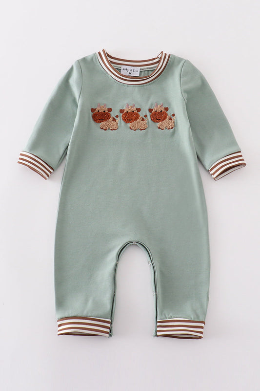 Green farm cow french knot romper