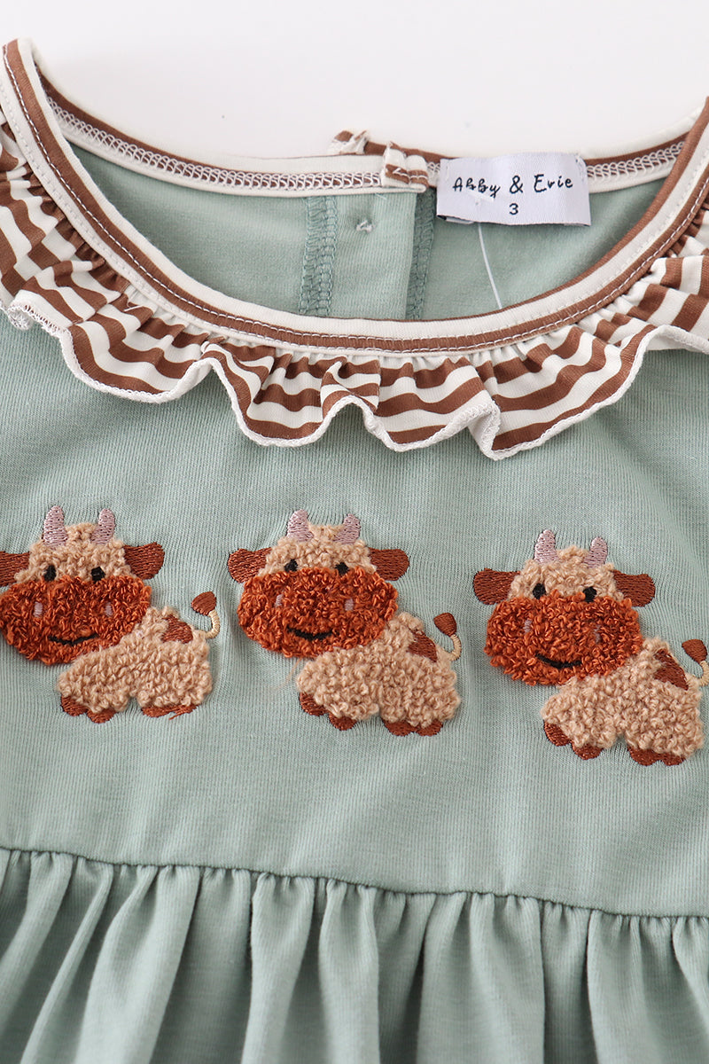 Green farm cow french knot romper