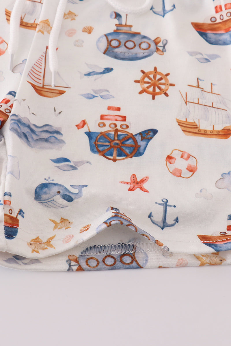 Navy beach print boy set